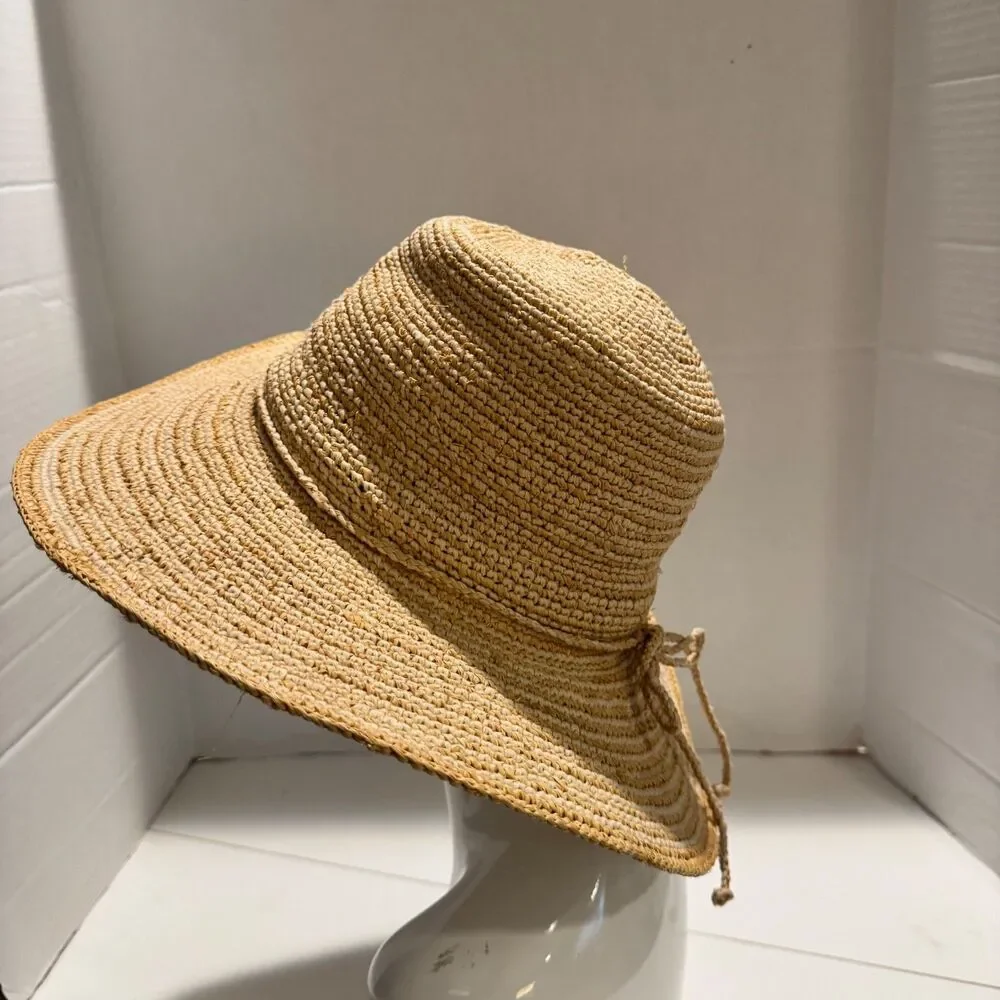 Scala Crocheted Raffia Straw Sun Hat Wide Brim Bow One size